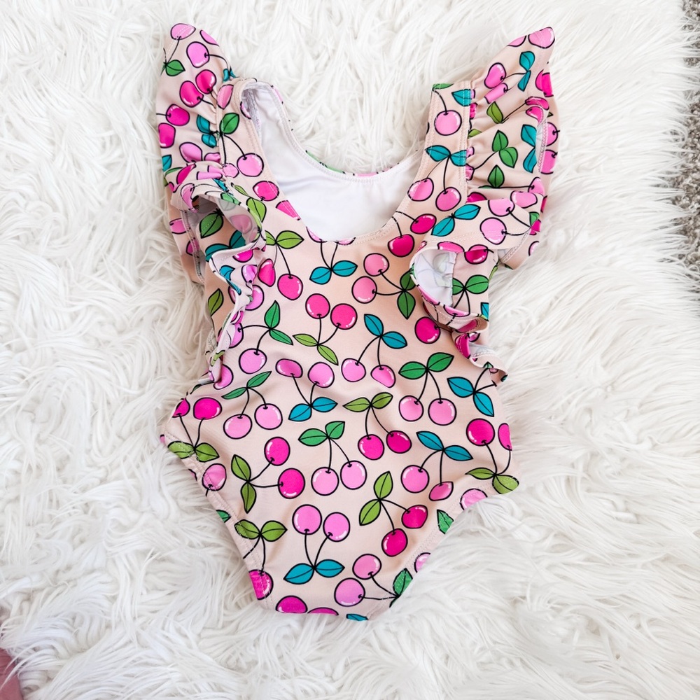 Posh Peanut | Summer Cherry Flutter Sleeve One Piece Swimsuit - Picture 3 of 7